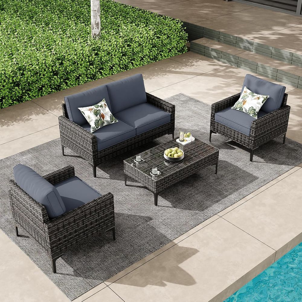 Outdoor Furniture Cushion - 4-Piece Wicker Outdoor Furniture Set with