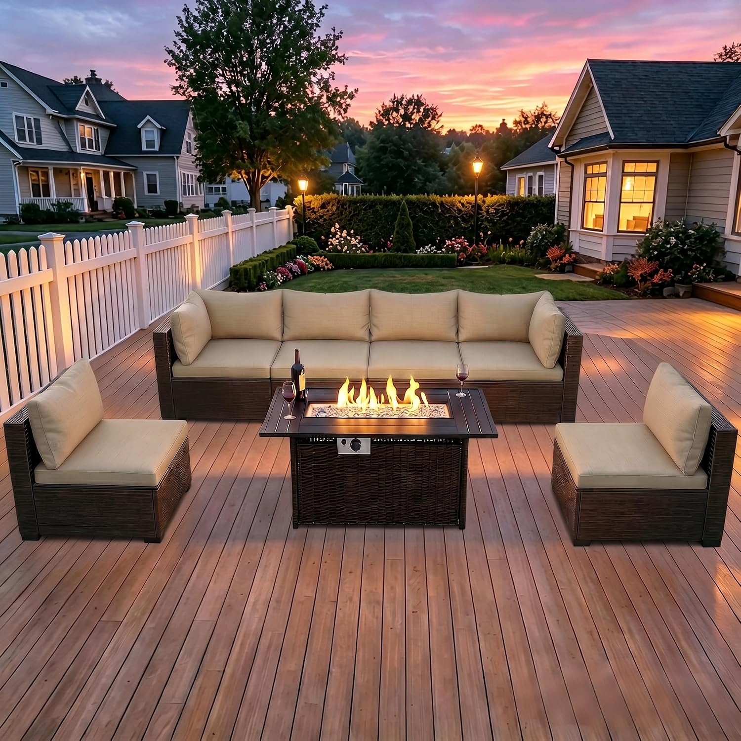 Outdoor Furniture And Fire Pit - 8-Piece Wicker Patio Conversation Set with