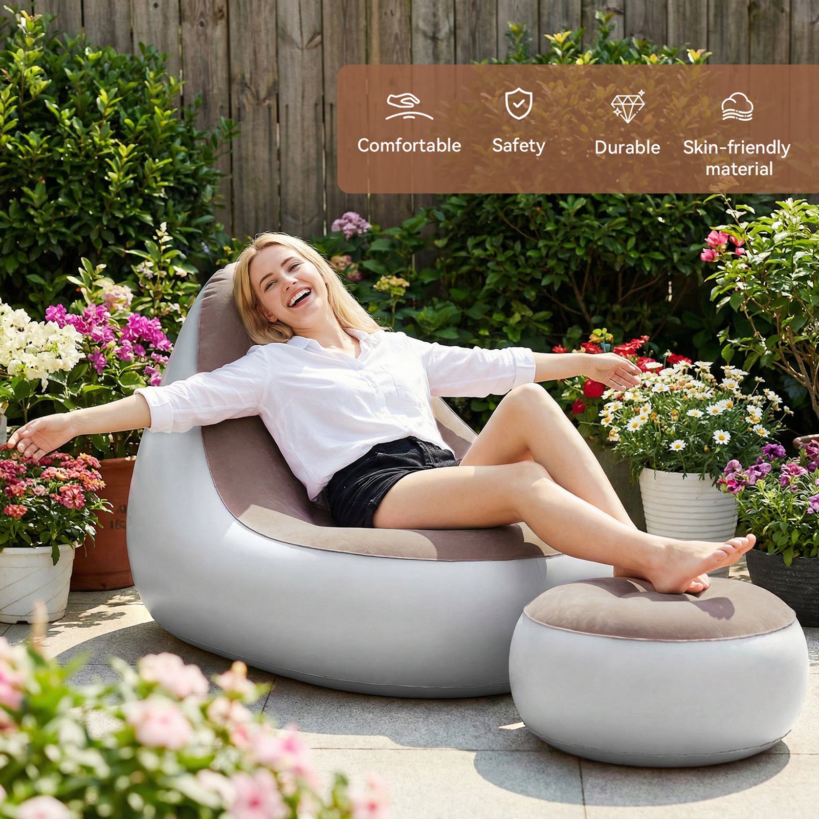 Outdoor Furniture Lounge Chair - Inflatable Chair with Ottoman Flocked Water